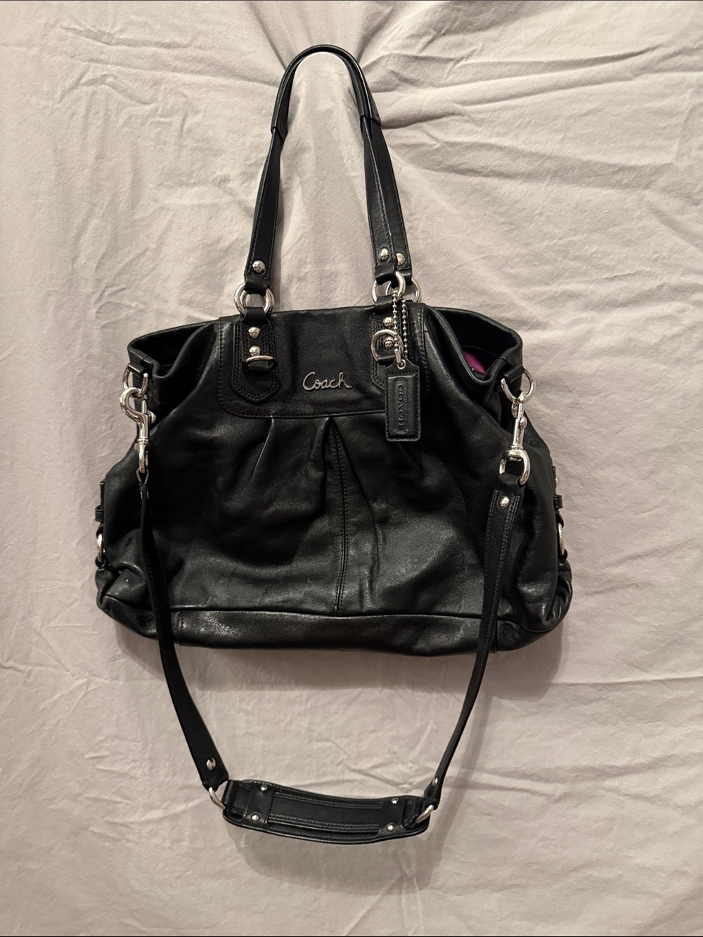 Coach Black Leather Shoulder Tote with Detachable Strap
